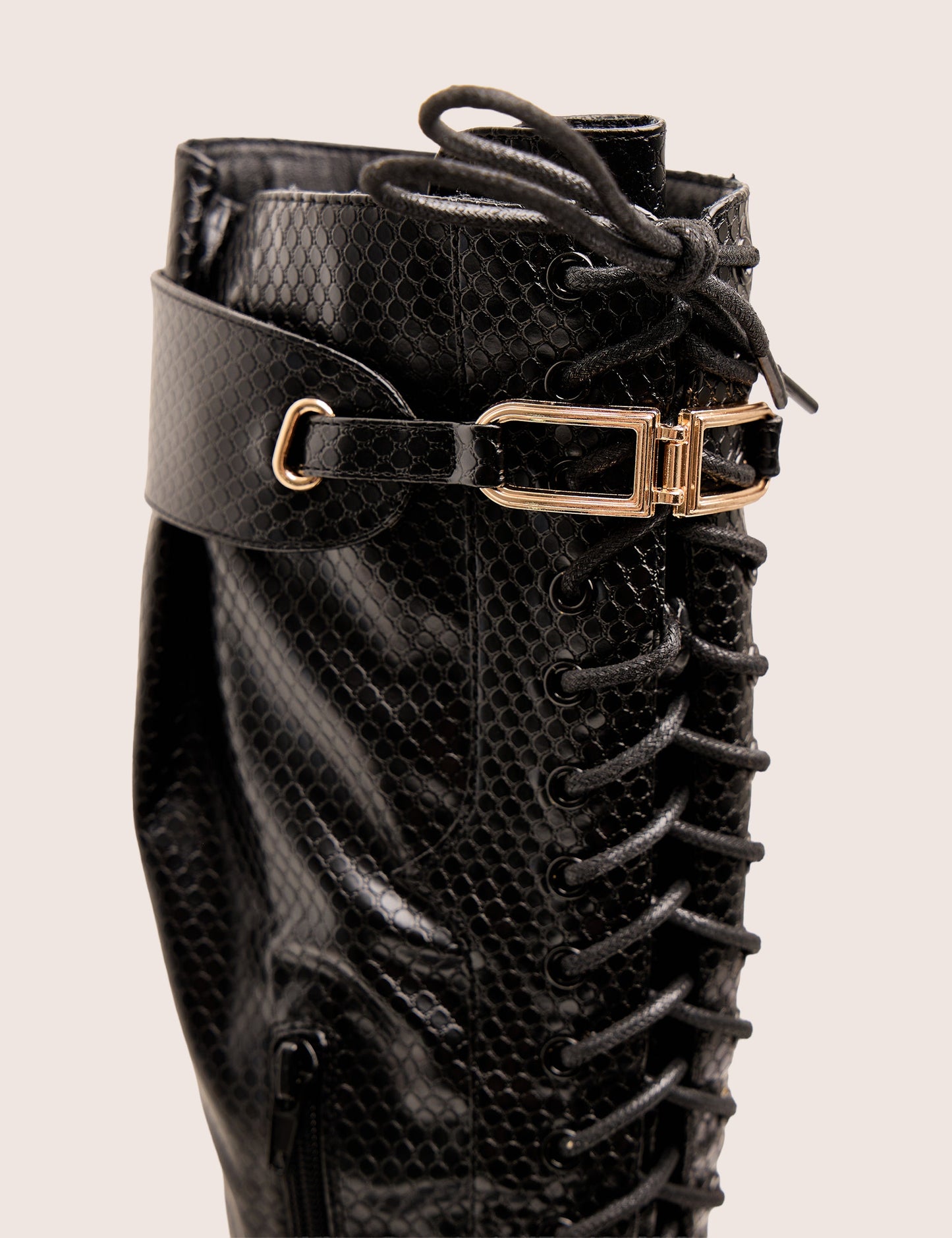 Infatuated Black Croc Lace Up Buckle Feature Stiletto Knee High Boots