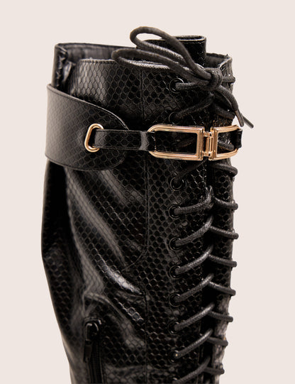 Infatuated Black Croc Lace Up Buckle Feature Stiletto Knee High Boots