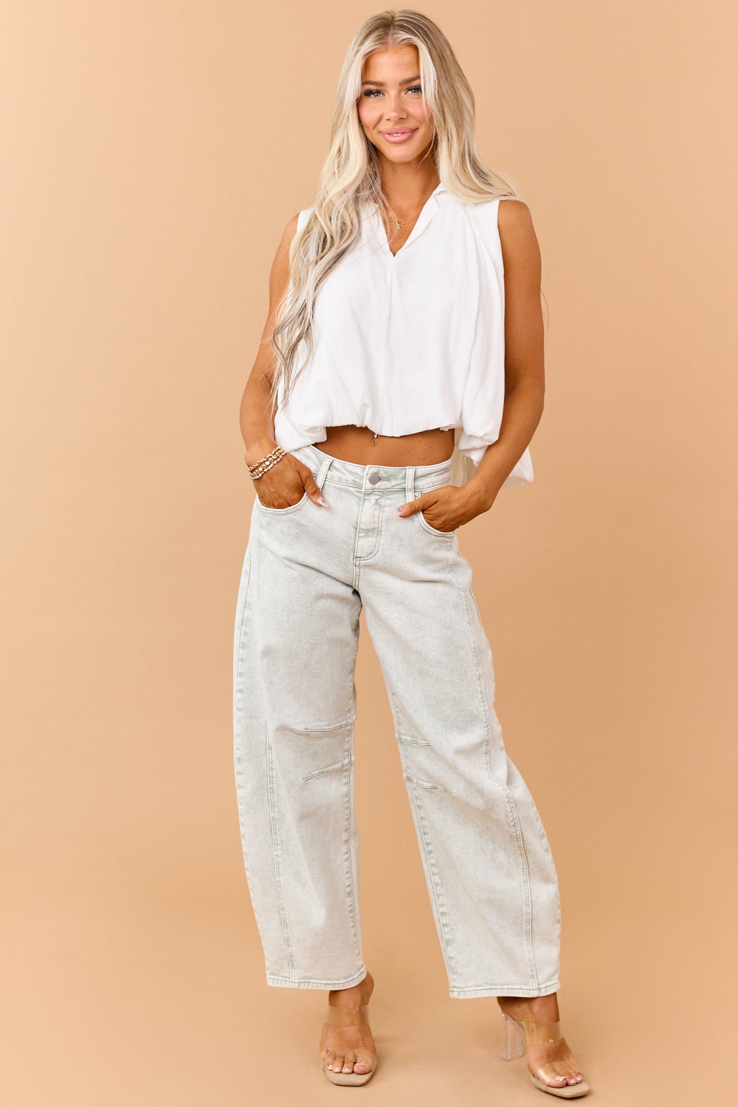 Ivory Collared V-Neck Bubble Hem Tank Top