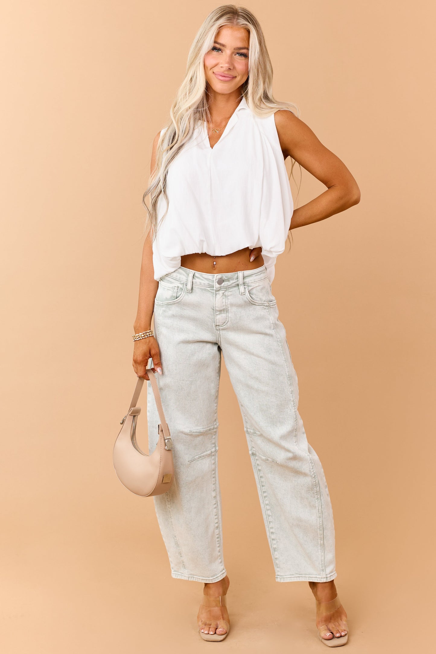 Ivory Collared V-Neck Bubble Hem Tank Top