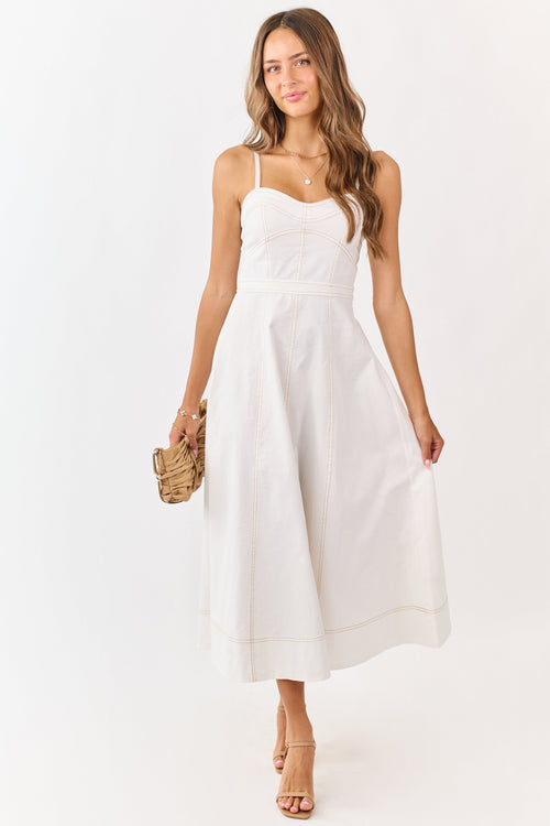 Ivory Contrast Stitch Denim A-Line Midi Dress