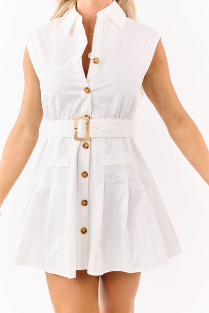 Ivory Cotton Belted Button Down Mini Shirt Dress