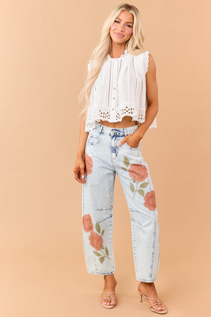 Ivory Cotton Button Down Eyelet Lace Trim Tank Top
