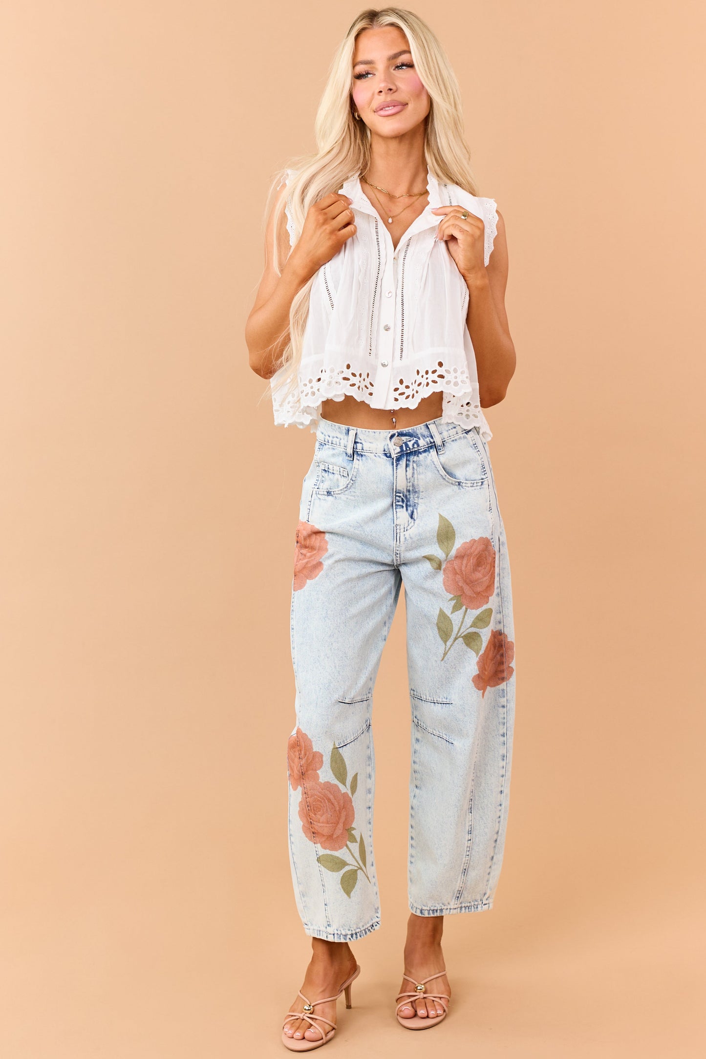 Ivory Cotton Button Down Eyelet Lace Trim Tank Top