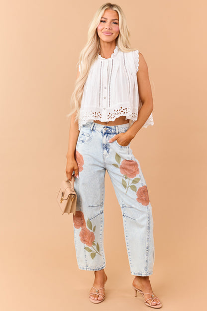 Ivory Cotton Button Down Eyelet Lace Trim Tank Top
