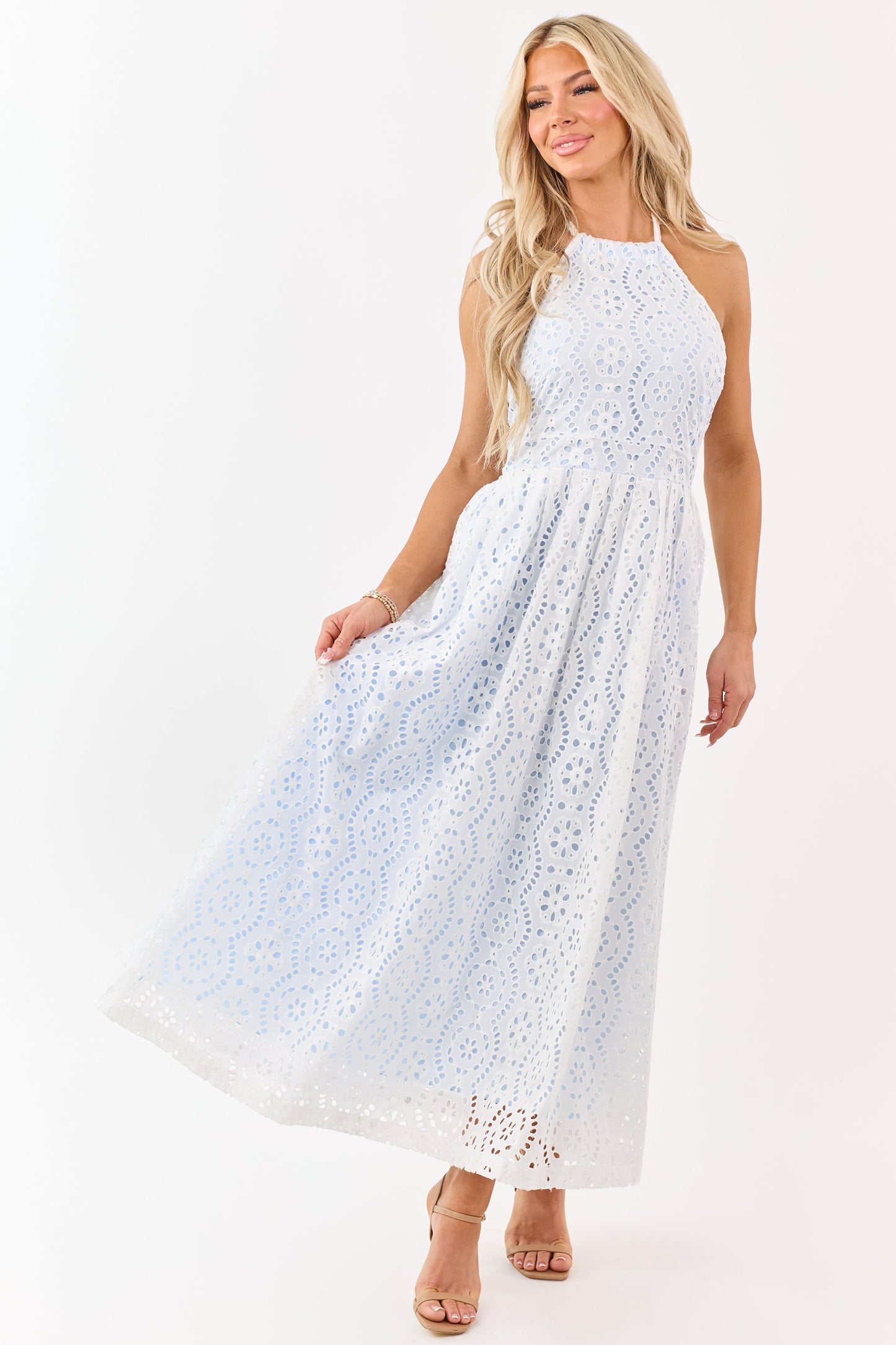Ivory Cotton Eyelet Lace Halter Neck Maxi Dress