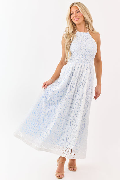 Ivory Cotton Eyelet Lace Halter Neck Maxi Dress