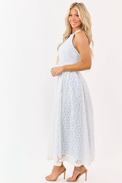 Ivory Cotton Eyelet Lace Halter Neck Maxi Dress