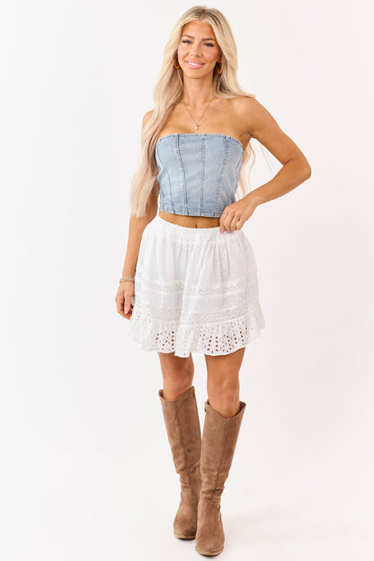 Ivory Cotton Eyelet Lace Smocked Waist Mini Skirt