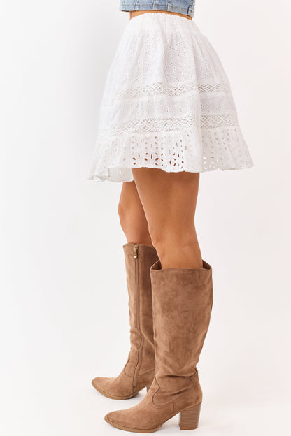 Ivory Cotton Eyelet Lace Smocked Waist Mini Skirt