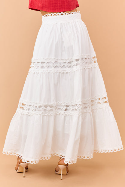 Ivory Cotton Eyelet Lace Tiered Maxi Skirt
