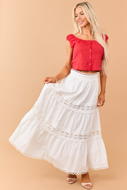 Ivory Cotton Eyelet Lace Tiered Maxi Skirt