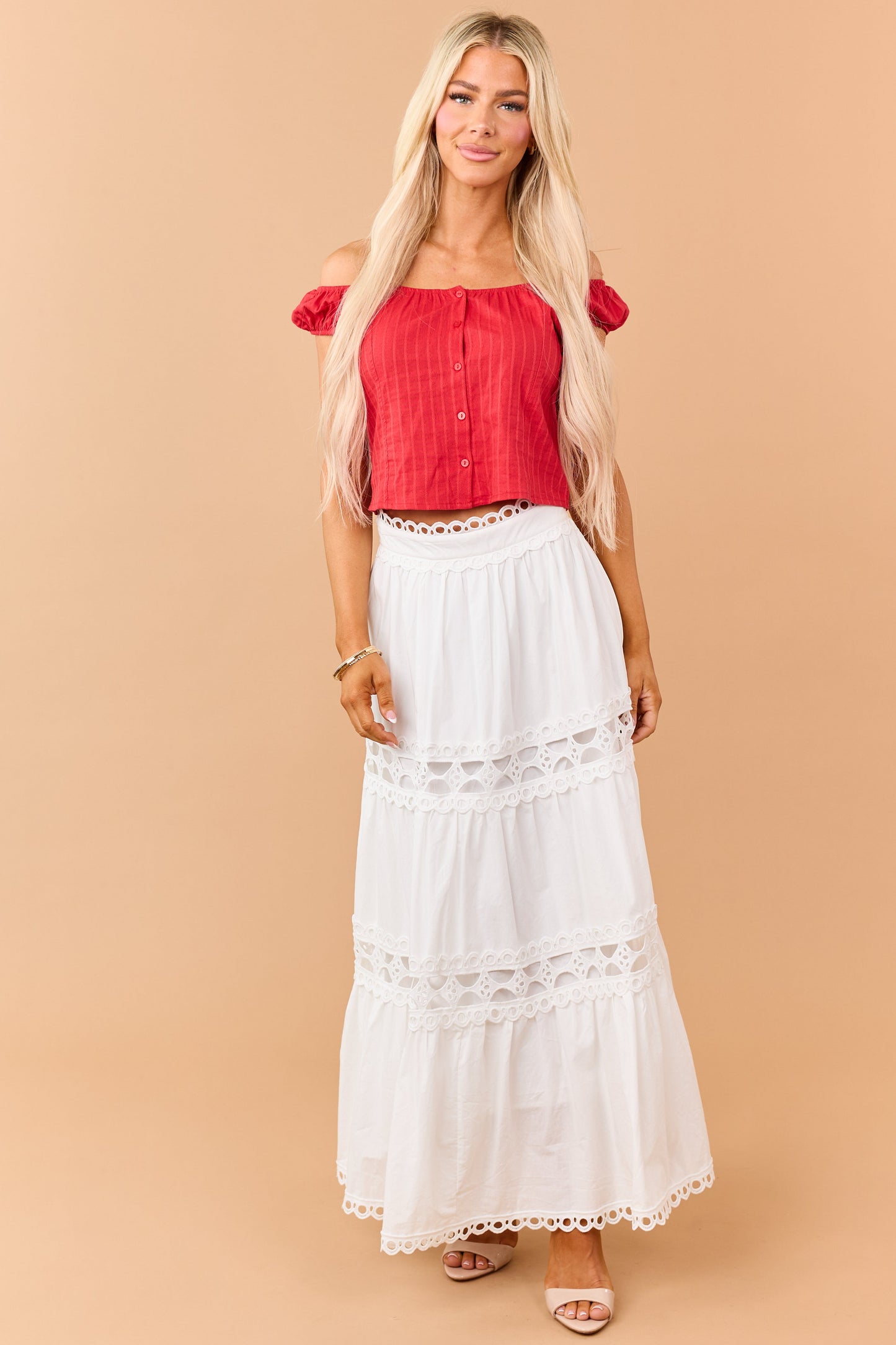 Ivory Cotton Eyelet Lace Tiered Maxi Skirt