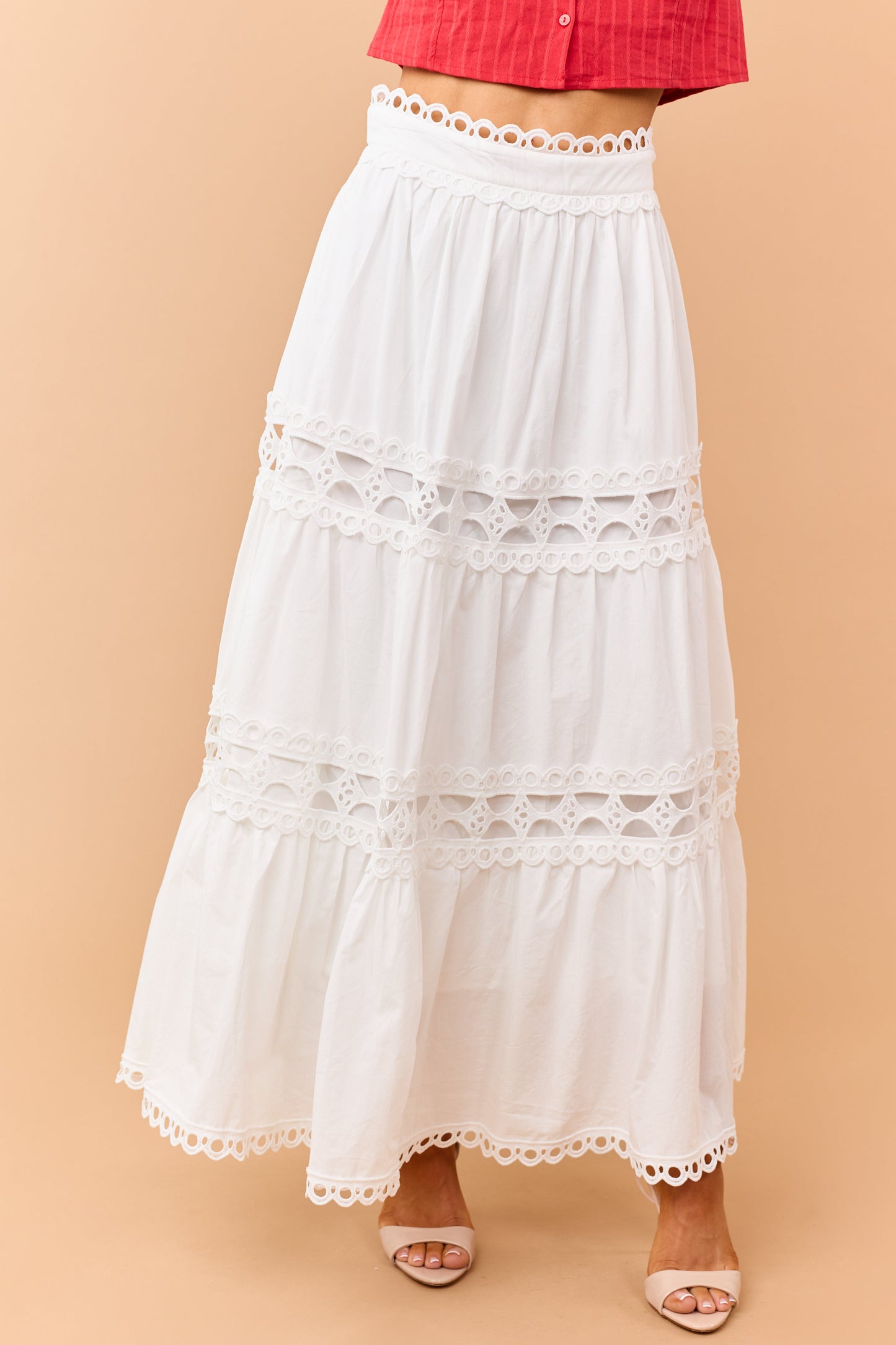 Ivory Cotton Eyelet Lace Tiered Maxi Skirt