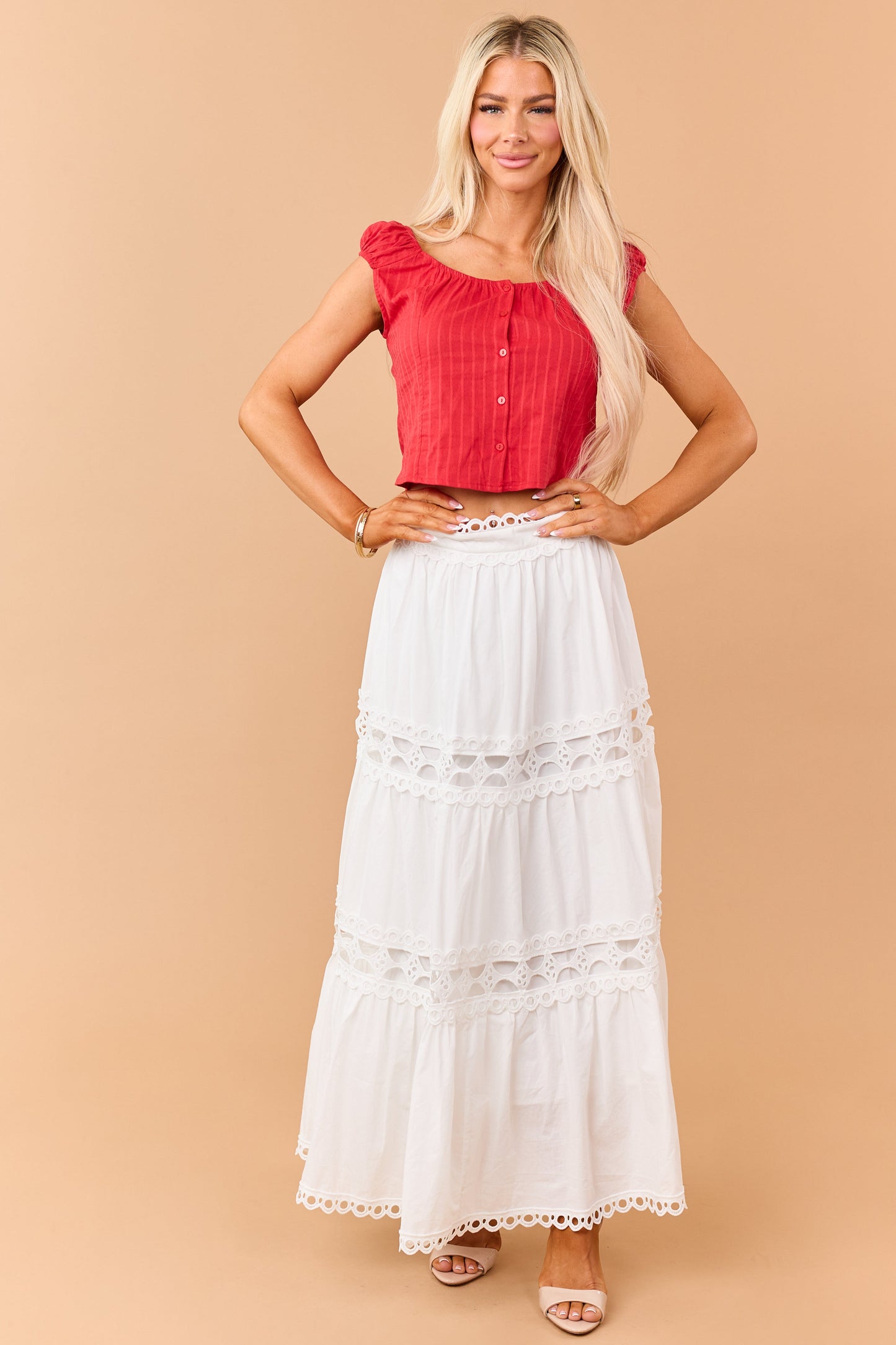 Ivory Cotton Eyelet Lace Tiered Maxi Skirt