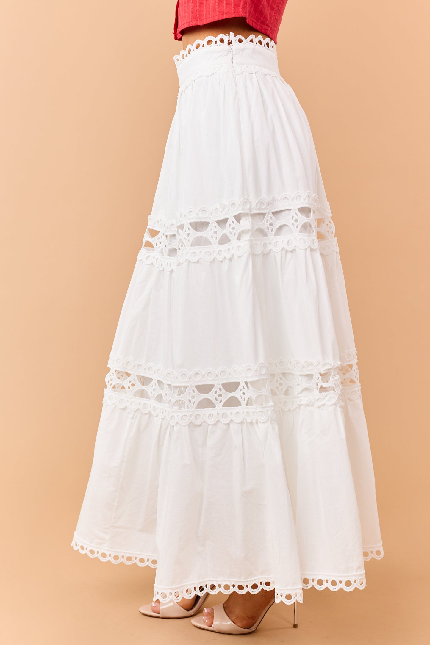 Ivory Cotton Eyelet Lace Tiered Maxi Skirt