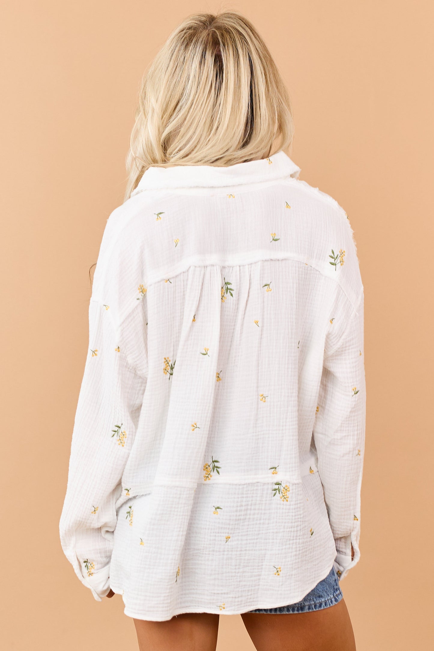 Ivory Cotton Floral Embroidered Long Sleeve Top