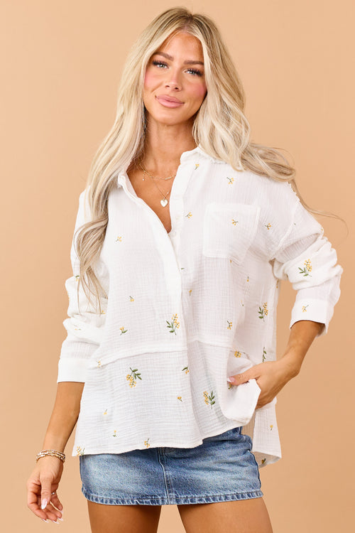 Ivory Cotton Floral Embroidered Long Sleeve Top