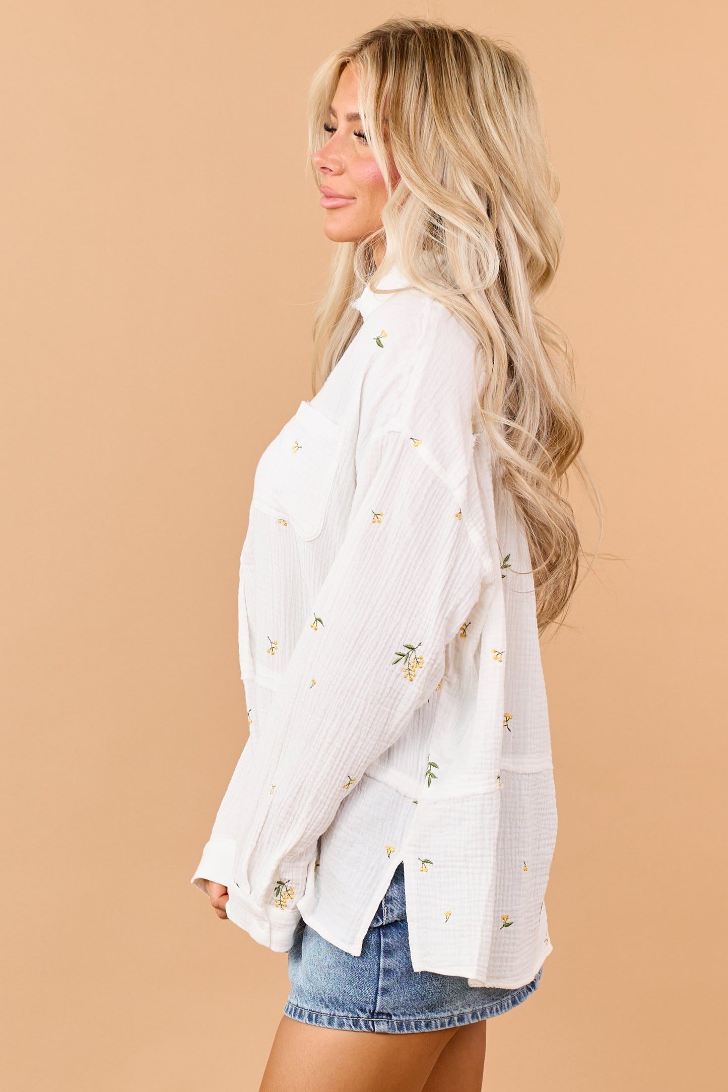 Ivory Cotton Floral Embroidered Long Sleeve Top