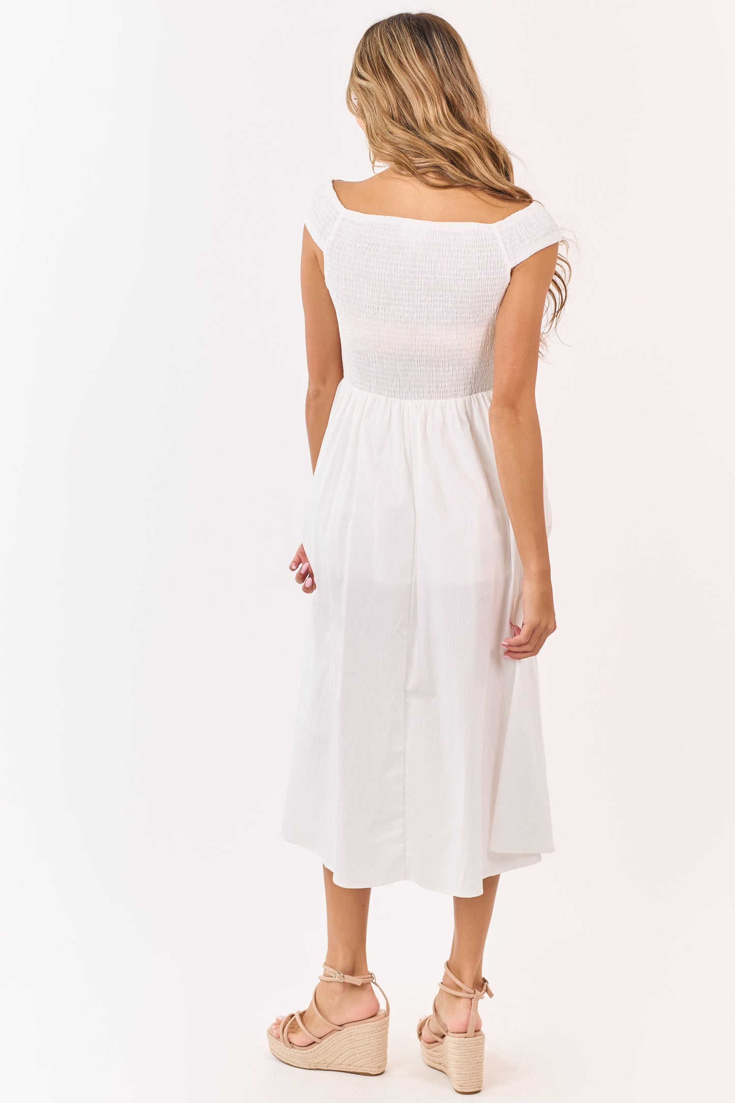 Ivory Cotton Smocked Off Shoulder Midi Dress