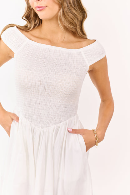 Ivory Cotton Smocked Off Shoulder Midi Dress