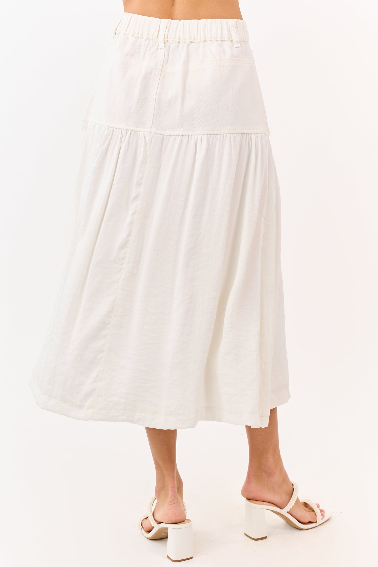Ivory Denim Contrast Fabric Midi Skirt