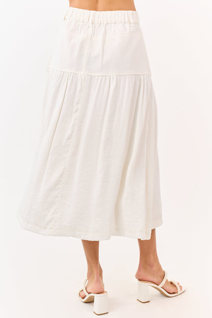 Ivory Denim Contrast Fabric Midi Skirt