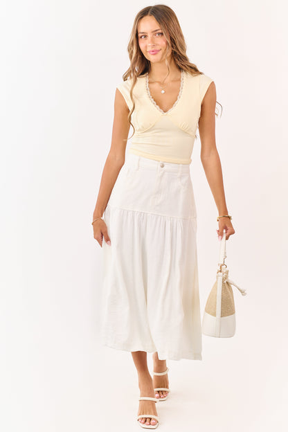 Ivory Denim Contrast Fabric Midi Skirt