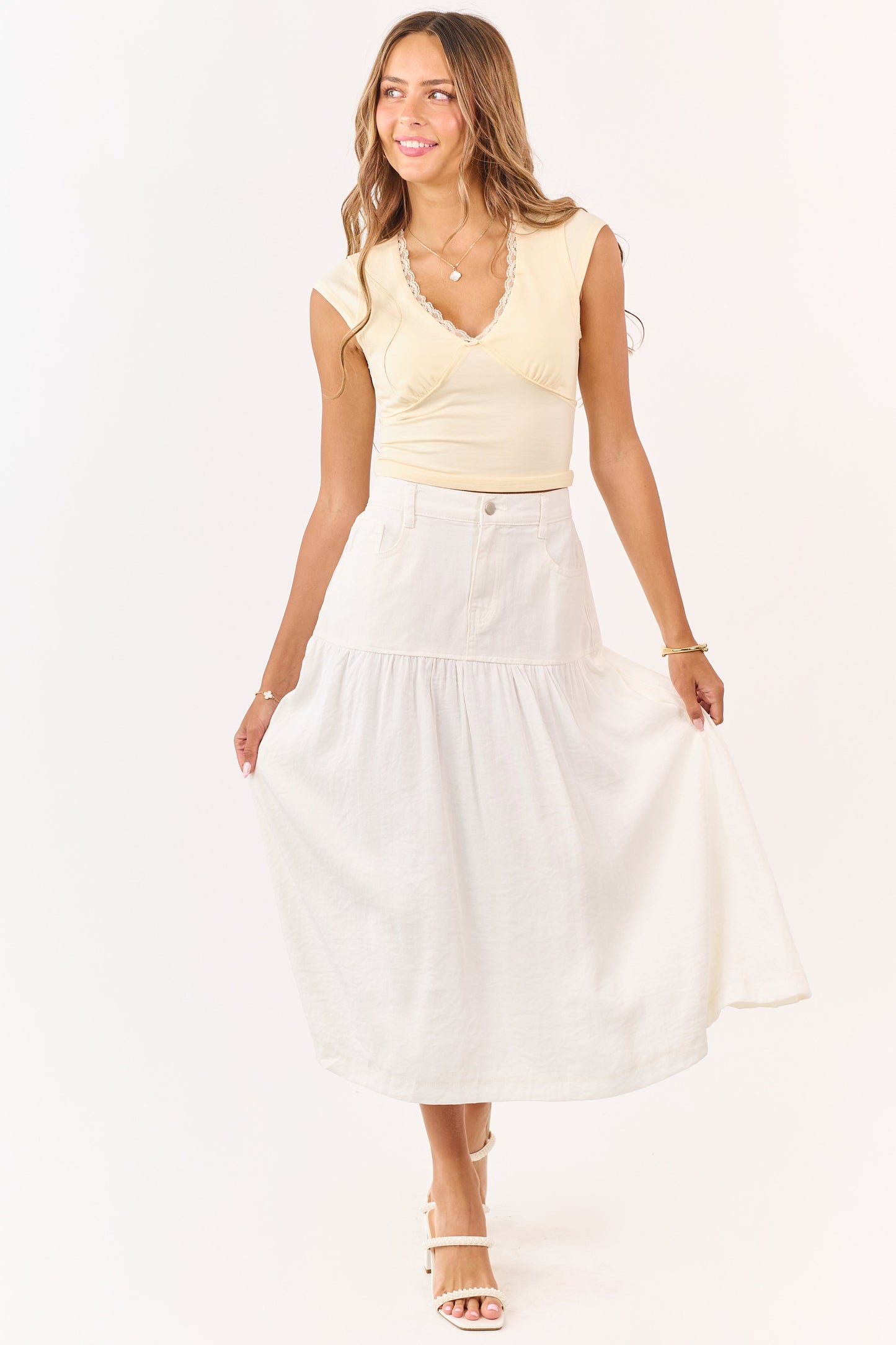 Ivory Denim Contrast Fabric Midi Skirt