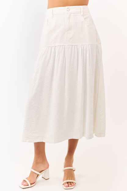 Ivory Denim Contrast Fabric Midi Skirt