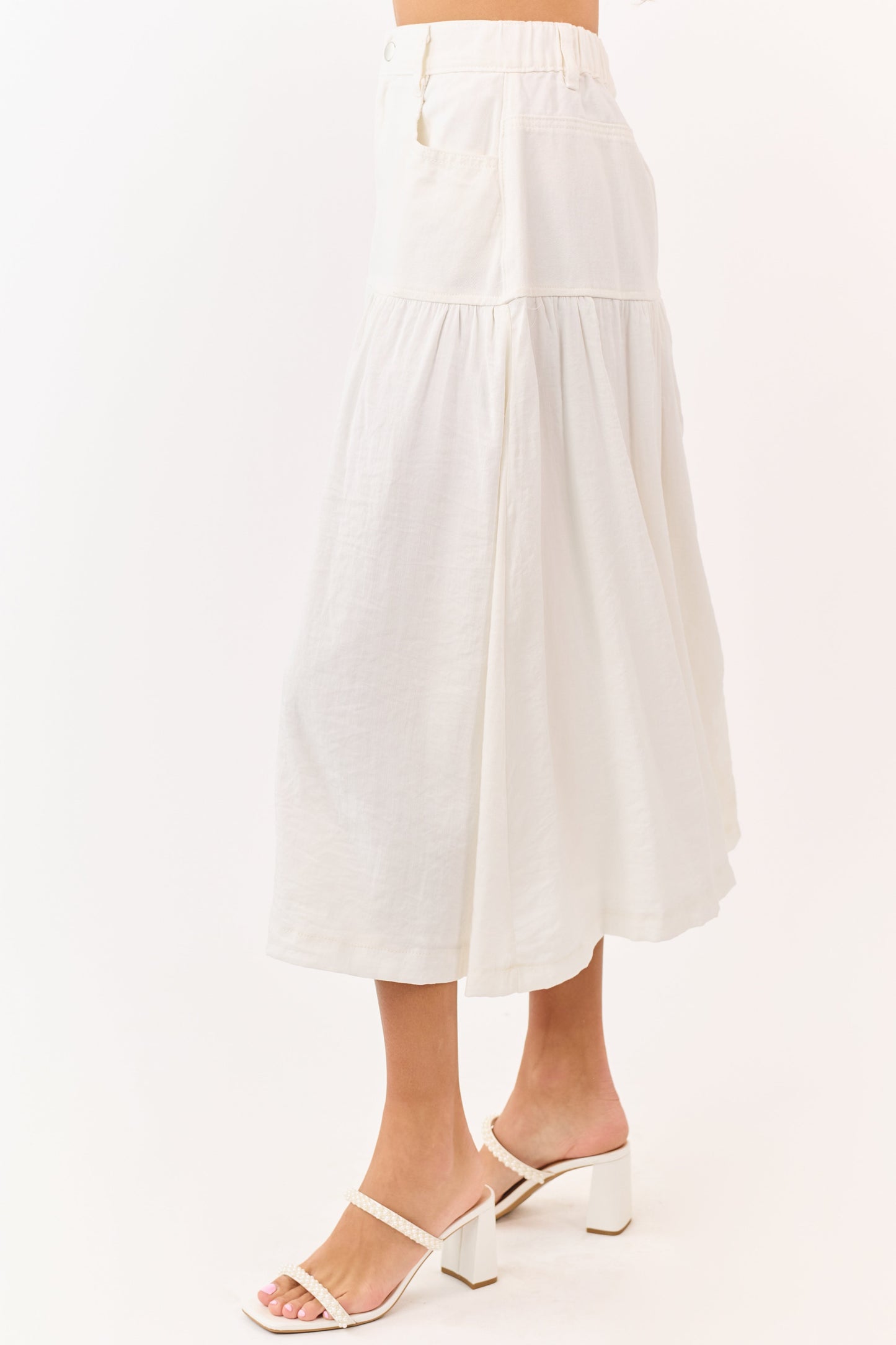 Ivory Denim Contrast Fabric Midi Skirt