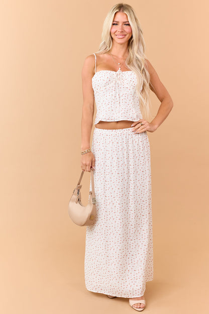 Ivory Ditsy Floral Print Elastic Waist Maxi Skirt
