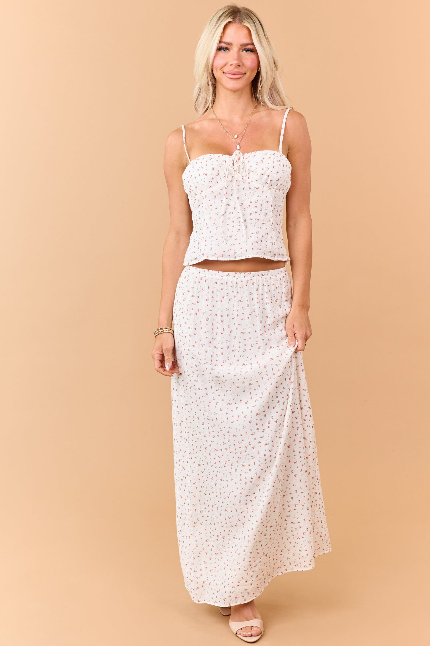 Ivory Ditsy Floral Print Elastic Waist Maxi Skirt