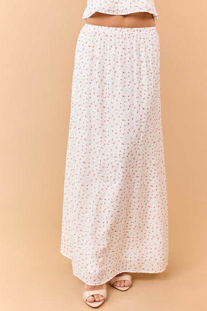 Ivory Ditsy Floral Print Elastic Waist Maxi Skirt