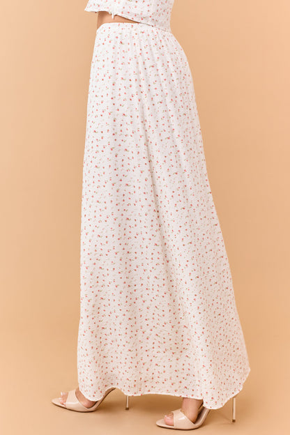 Ivory Ditsy Floral Print Elastic Waist Maxi Skirt