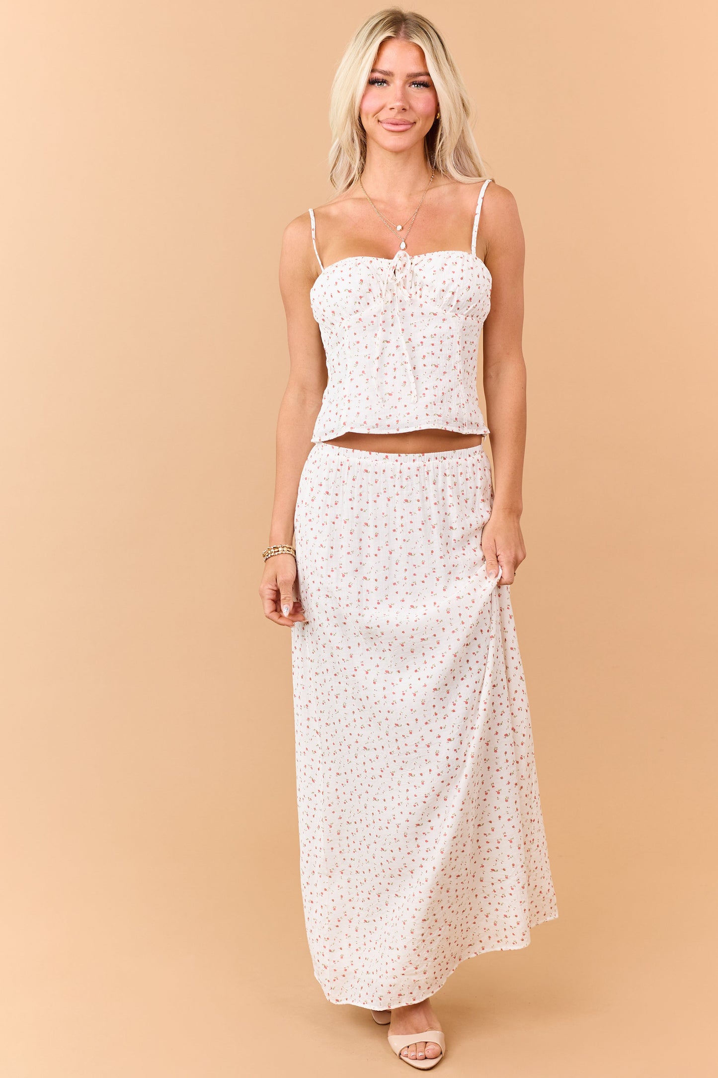 Ivory Ditsy Floral Print Front Tie Tank Top