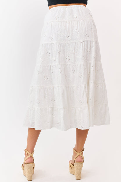 Ivory Eyelet Cotton Floral Tiered Midi Skirt