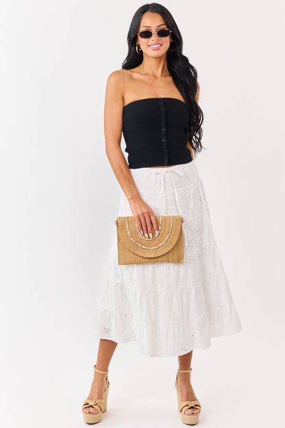 Ivory Eyelet Cotton Floral Tiered Midi Skirt