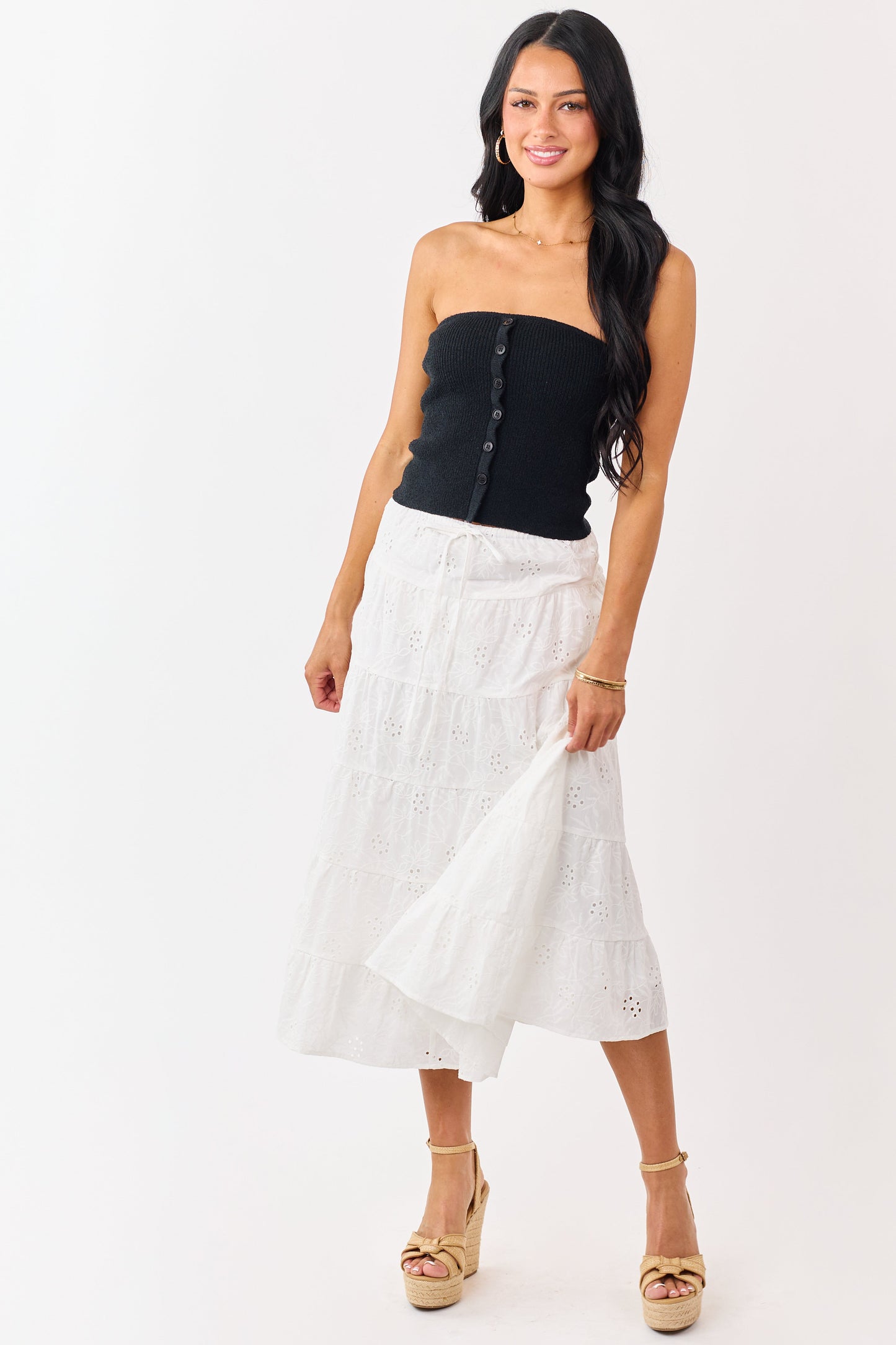Ivory Eyelet Cotton Floral Tiered Midi Skirt