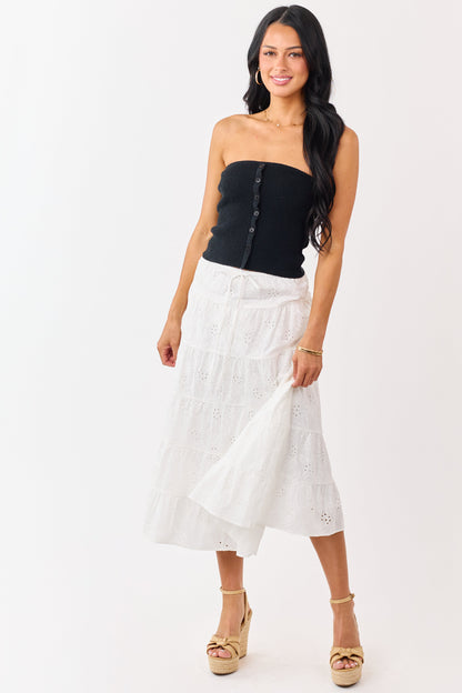 Ivory Eyelet Cotton Floral Tiered Midi Skirt