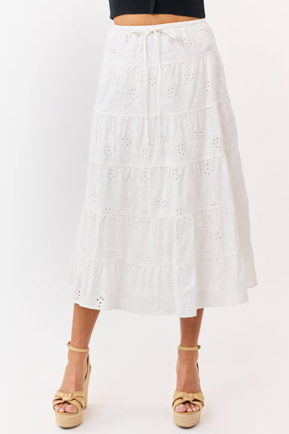Ivory Eyelet Cotton Floral Tiered Midi Skirt