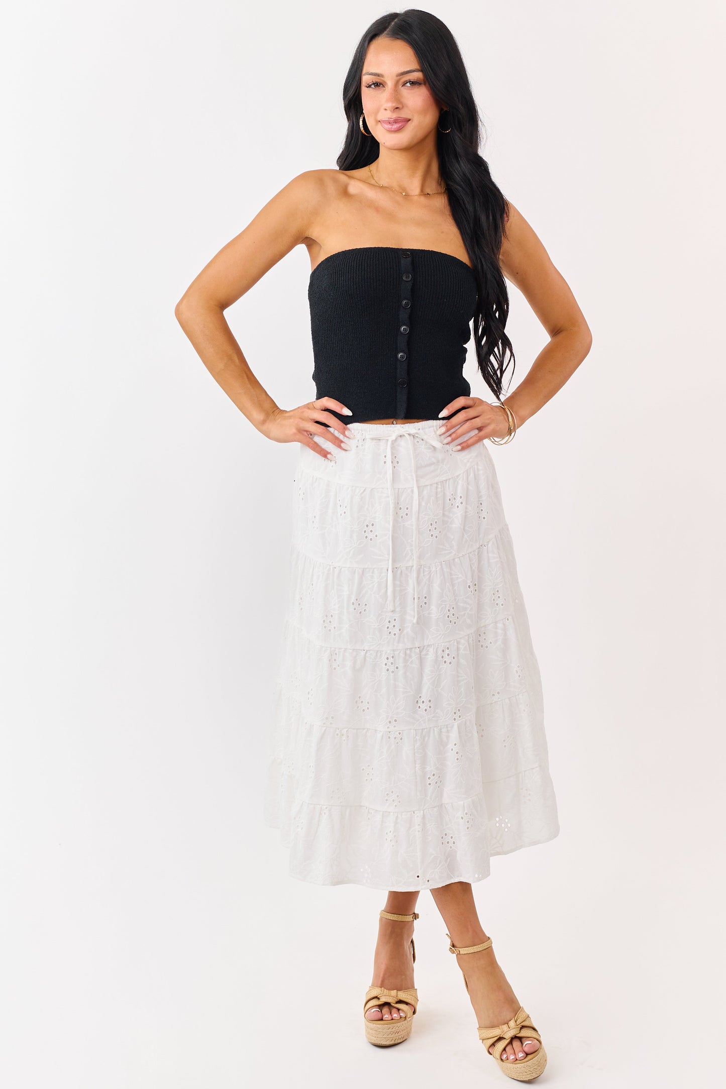 Ivory Eyelet Cotton Floral Tiered Midi Skirt