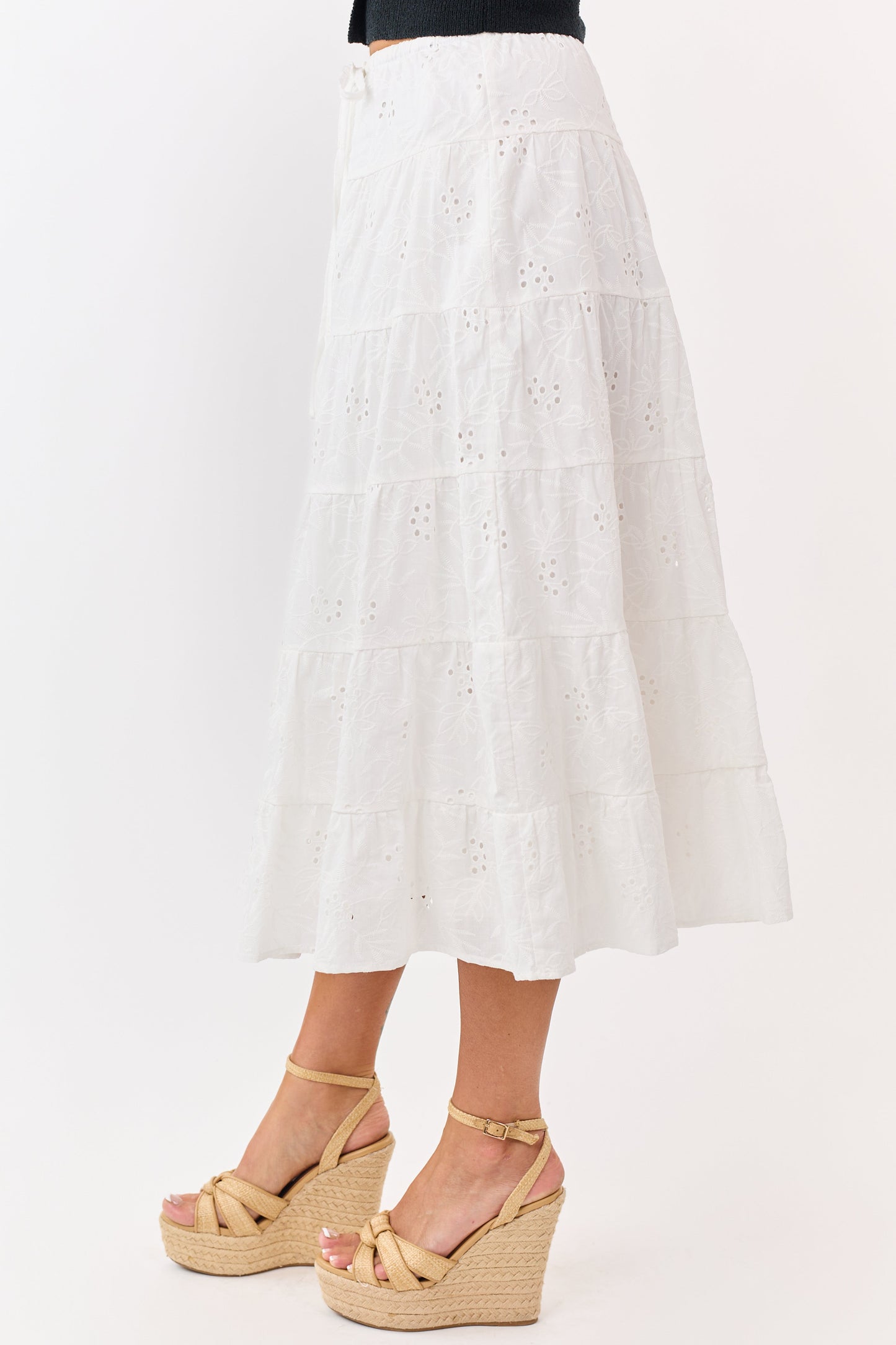 Ivory Eyelet Cotton Floral Tiered Midi Skirt