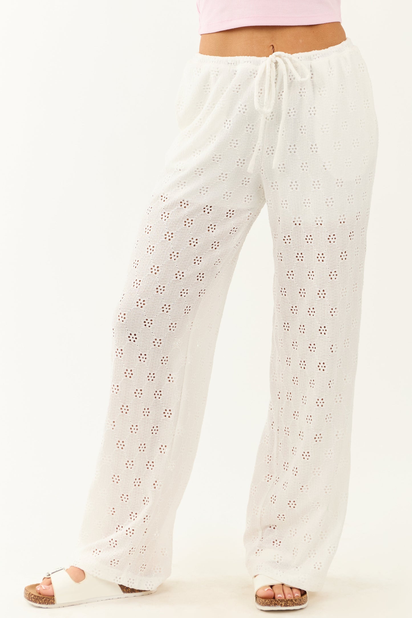 Ivory Eyelet Lace Drawstring High Rise Knit Pants