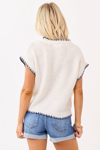 Ivory Fish Motif Contrast Stitch Short Sleeve Sweater