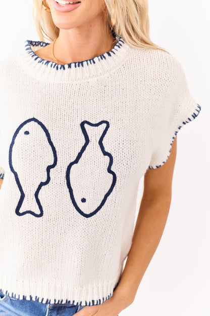 Ivory Fish Motif Contrast Stitch Short Sleeve Sweater