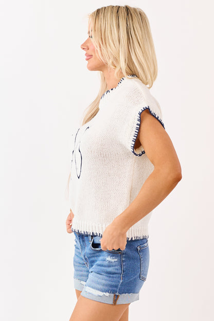 Ivory Fish Motif Contrast Stitch Short Sleeve Sweater