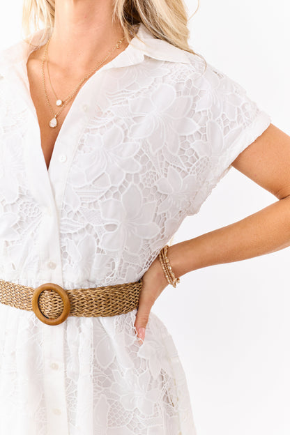 Ivory Floral Lace Button Down Mini Dress with Belt