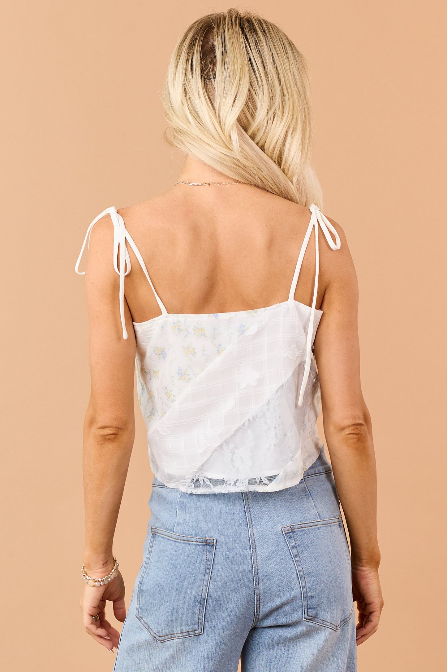 Ivory Floral Patchwork Lace Tie Strap Tank Top