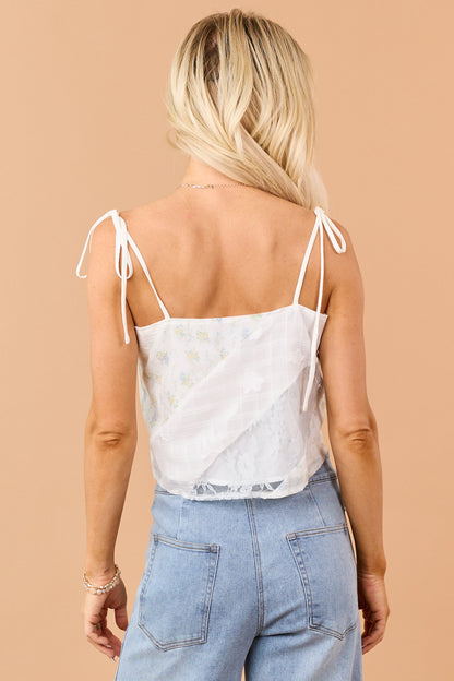 Ivory Floral Patchwork Lace Tie Strap Tank Top